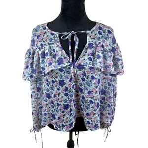 NWT Forever 21 Coquette Aqua Pink Purple Floral Boho Peasant Ruffle Blouse Top S